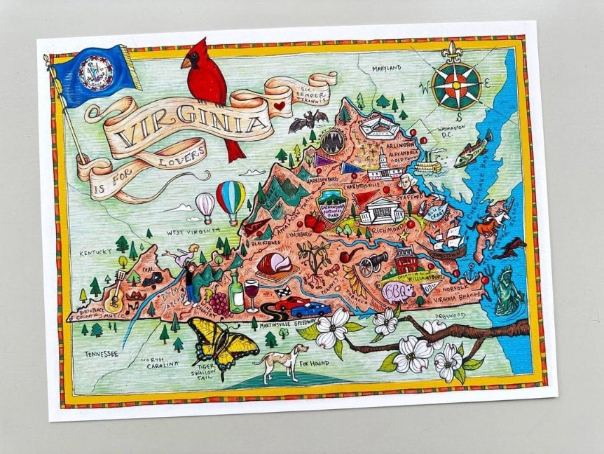 Virginia Map Project Label Narwhal Designs Artistic Map of Virginia | The Old Town Shop